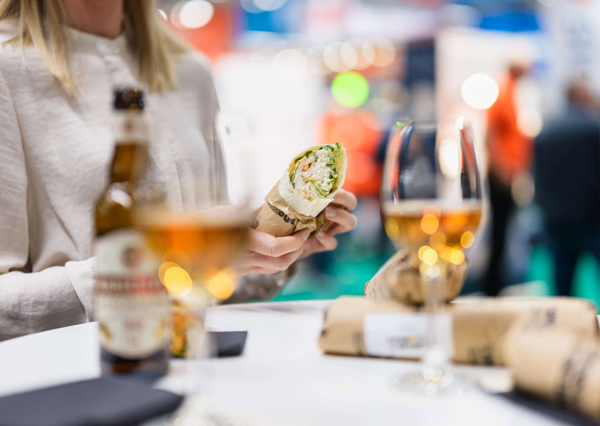 Wraps filled with chicken, fresh salad and creamy dressing.